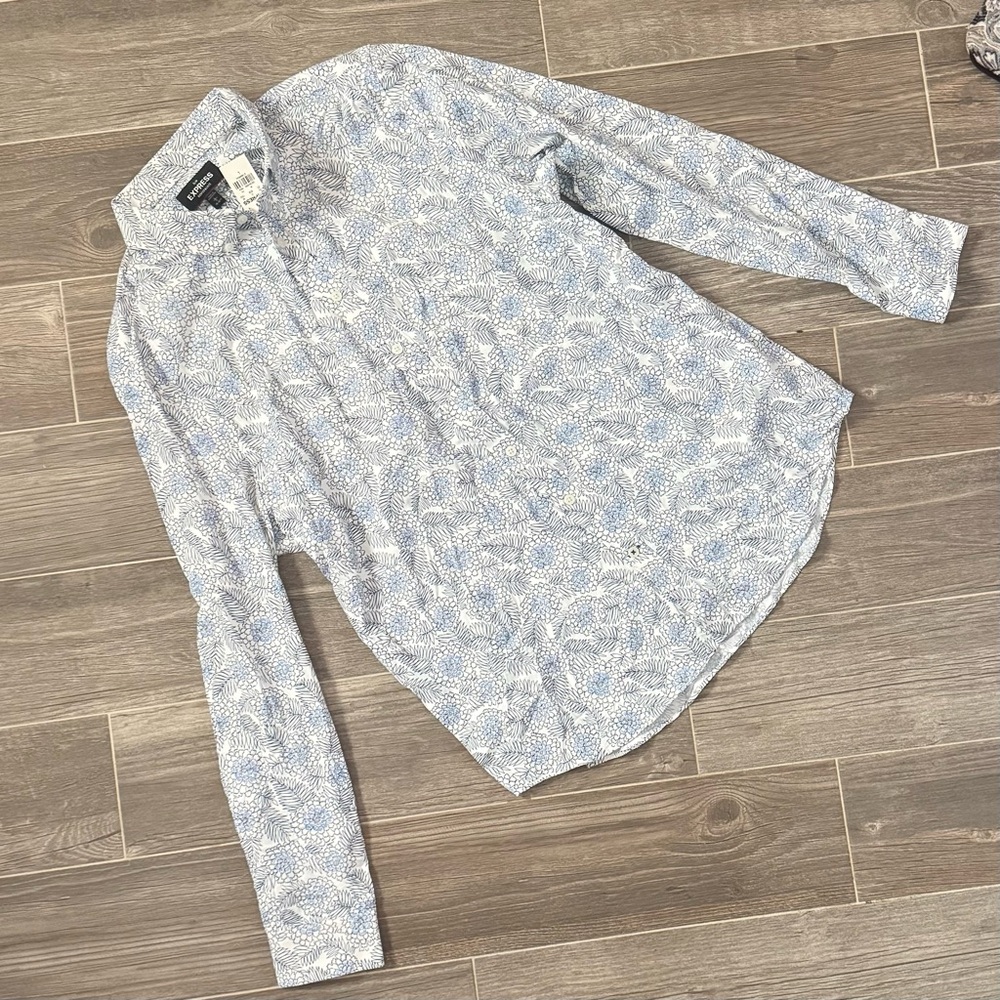 EXPRESS Men's Blue Floral Slim Fit Long Sleeved Shirt size Large Slim - Picture 5 of 7